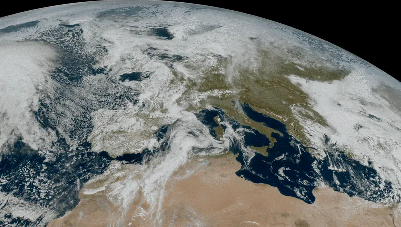 Weather satellite image of Europe captured by the Meteosat Third Generation Imager-1 (MTG-I1).