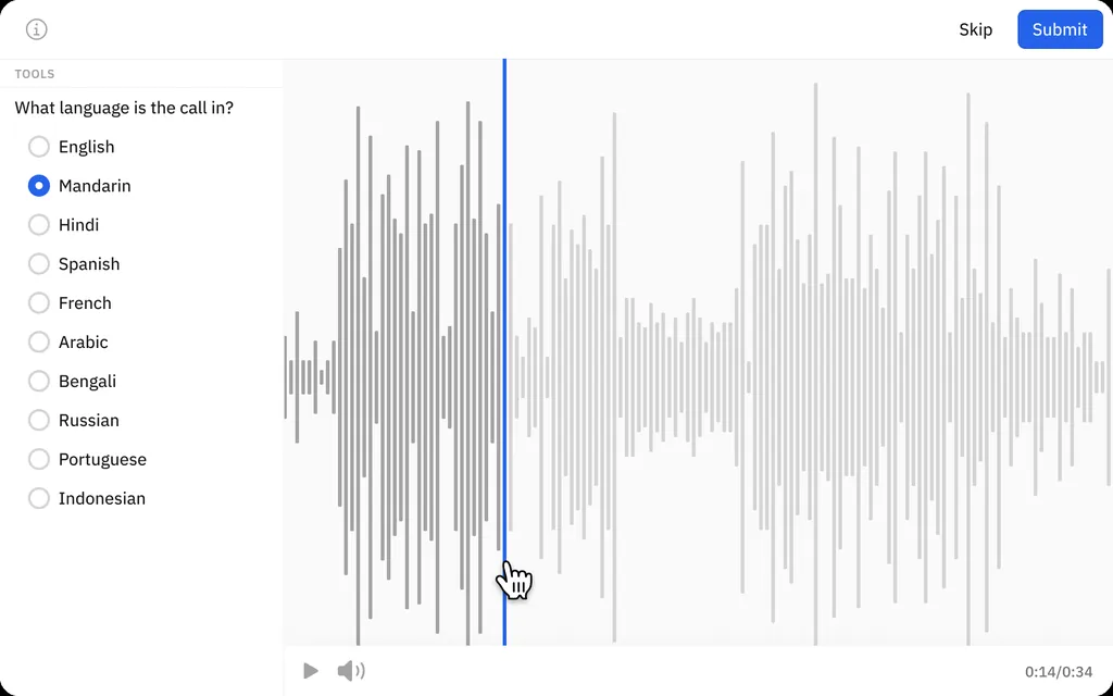 Screenshot of the Labelbox platform used for audio transcription and annotation tasks.