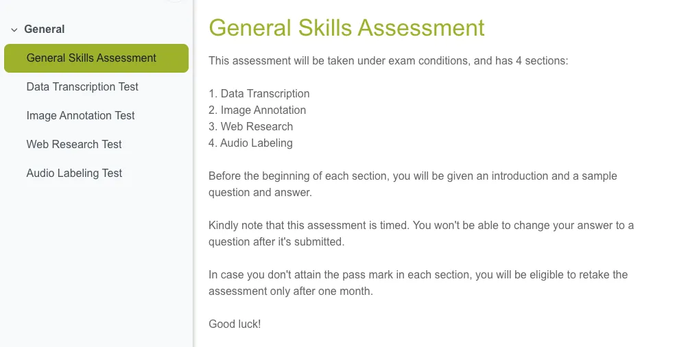 Screenshot of the General Skills Assessment page on DeeLab Academy's data annotation course platform, showing available screening tests for new applicants.