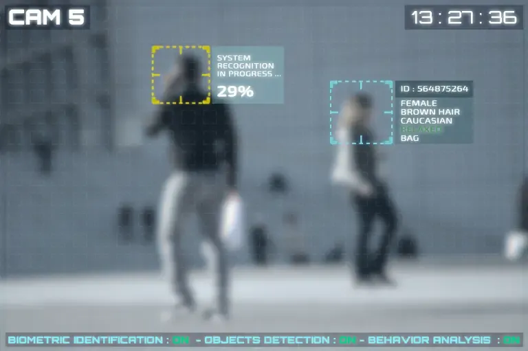 Surveillance system screen showing two individuals being monitored for their behaviour in a public space. DeeLab Article about AI Security Systems and the importance of high quality datasets.