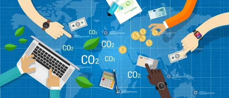 Illustration of a world map with hands trading CO2 symbols and green leaves, representing the global carbon offset market and how tracking and labelling carbon emissions help in combating climate change.