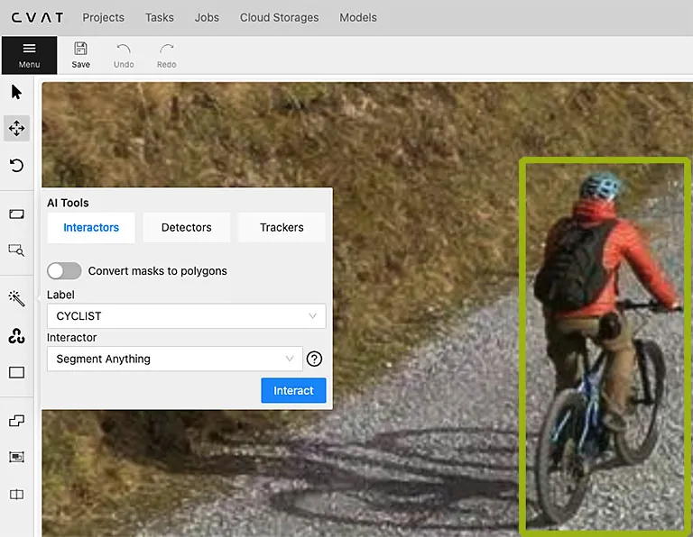DeeLab, Image Annotation, CVAT, Mountain cyclist labelled