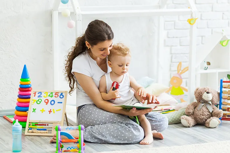 DeeLab, Data annotation, Mother with child playing educational toys and reading book in the room