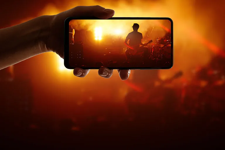 DeeLab, Video labeling, Silhouette of hand using camera phone to take pictures and videos at pop concert, festival.