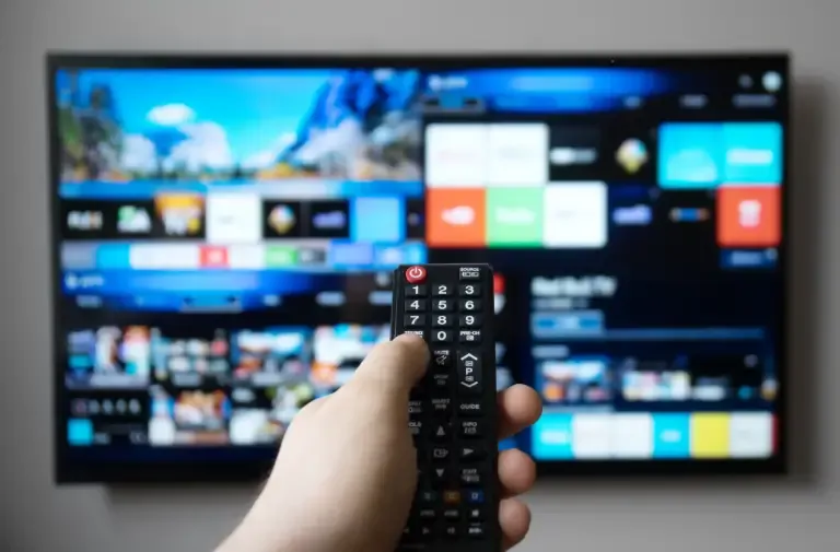 Smart TV displaying streaming content with a hand holding a remote control, illustrating user-friendly streaming service driven by advanced data analytics and market research