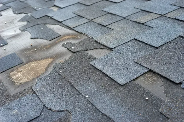 Close-up view of damaged bitumen shingles on a roof, highlighting the wear and tear that requires repair. DeeLab.ai. Data Annotation, Roof Annotation.