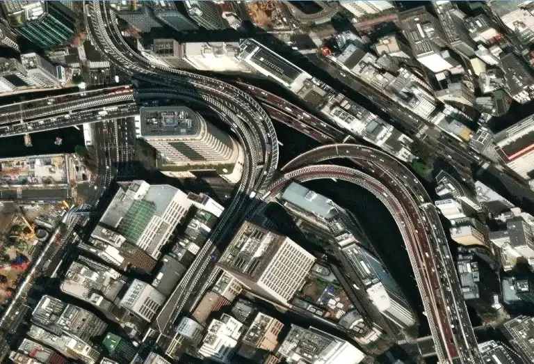 Satellite view of Tokyo, Chuo City, highlighting urban development and infrastructure.