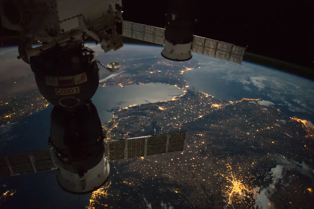 Nighttime satellite view of the Strait of Gibraltar, captured from the International Space Station.