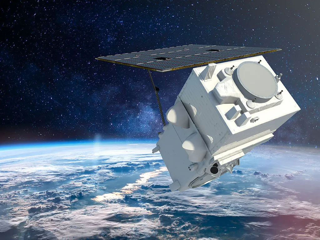 Illustration of a WorldView Legion satellite in orbit, capturing high-resolution Earth imagery.
