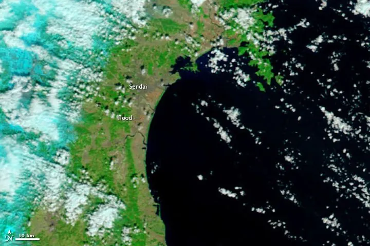 Satellite image of Sendai, Japan, labelled to show coastal flooding after the 2011 tsunami.