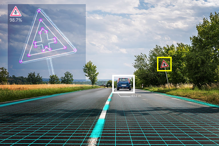 DeeLab, AR Data Labeling, Autonomous self-driving car is recognizing road signs.