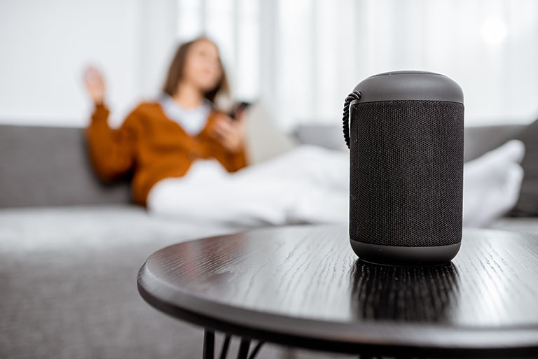 DeeLab, Audio Labeling, Young woman controlling home devices with a voice commands on the background at home
