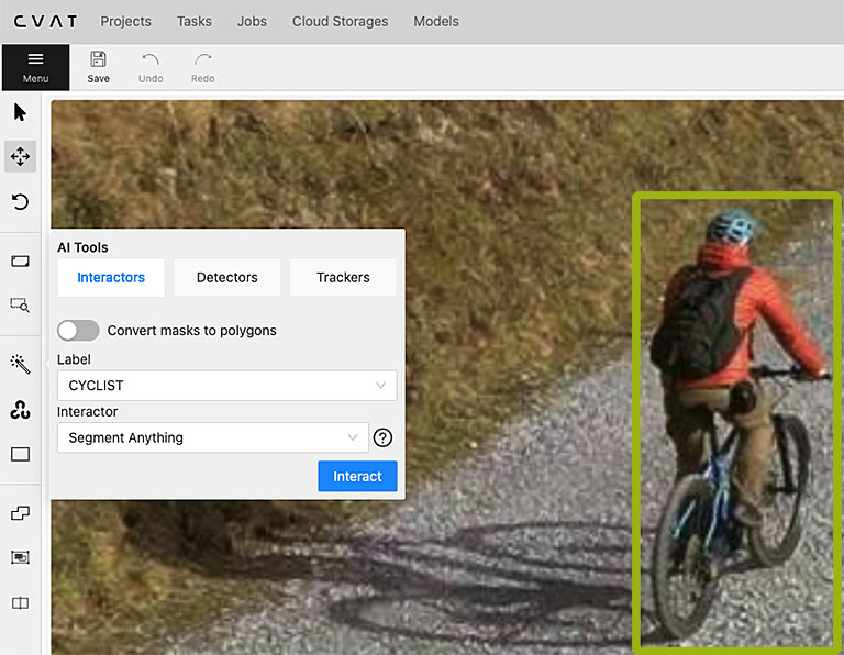 DeeLab, Image Annotation, CVAT, Mountain cyclist labeled