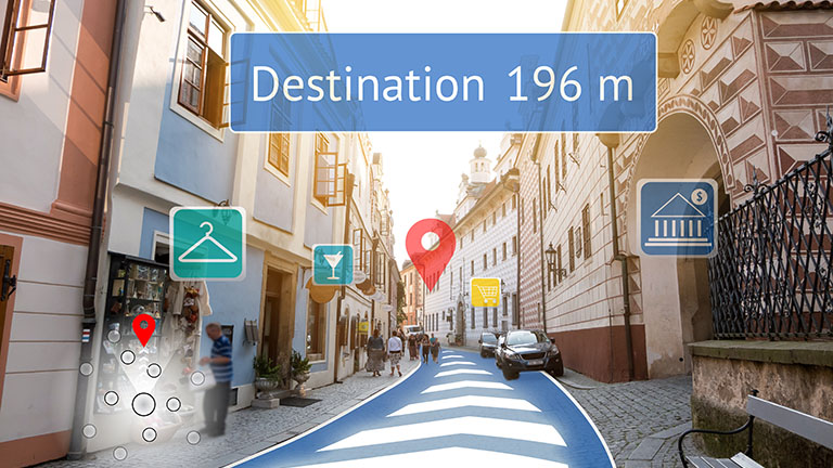 DeeLab, Augmented reality technology , Virtual Navigation concept. Graphic of AR application screen to show destination place.