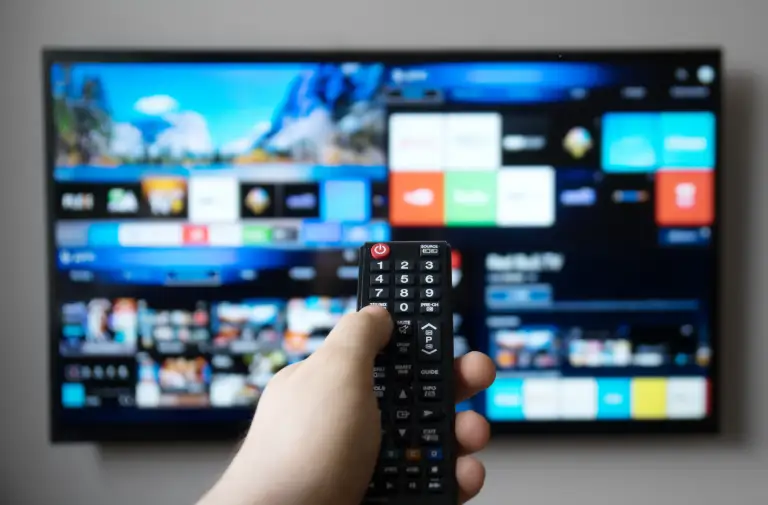 Smart TV displaying streaming content with a hand holding a remote control, illustrating user-friendly streaming service driven by advanced data analytics and market research