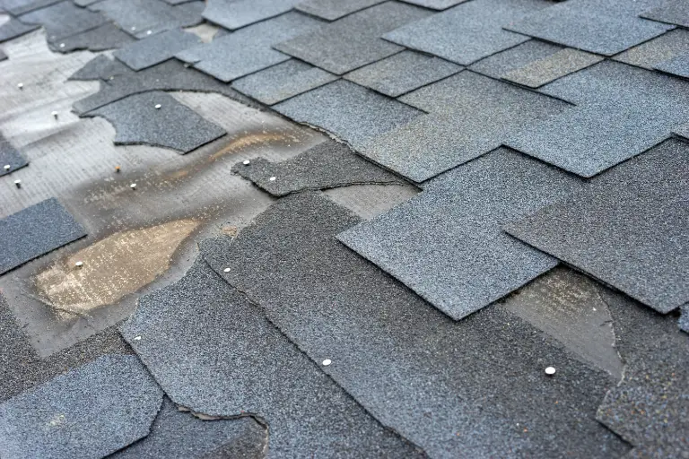 Close-up view of damaged bitumen shingles on a roof, highlighting the wear and tear that requires repair. DeeLab.ai. Data Annotation, Roof Annotation.