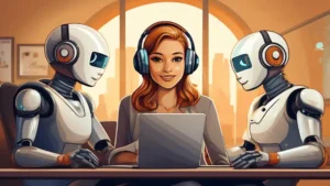 A woman wearing headphones positioned between two robots, symbolizing the Human-in-the-Loop process in audio labeling, where human expertise complements AI to refine data accuracy.