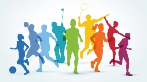 An illustration of athletes participating in different sports, including football, handball, badminton, and running, representing the role of video labeling in sports performance analysis.