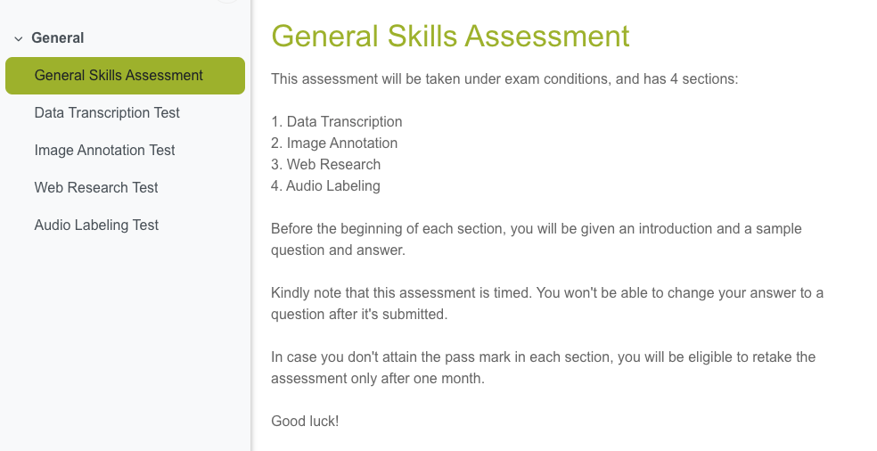 Screenshot of the General Skills Assessment page on DeeLab Academy's data annotation course platform, showing available screening tests for new applicants.