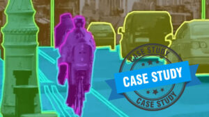 DeeLab Academy, image annotation training: Polygon labeling applied to cars, bicycles, and street environment in an urban scene.