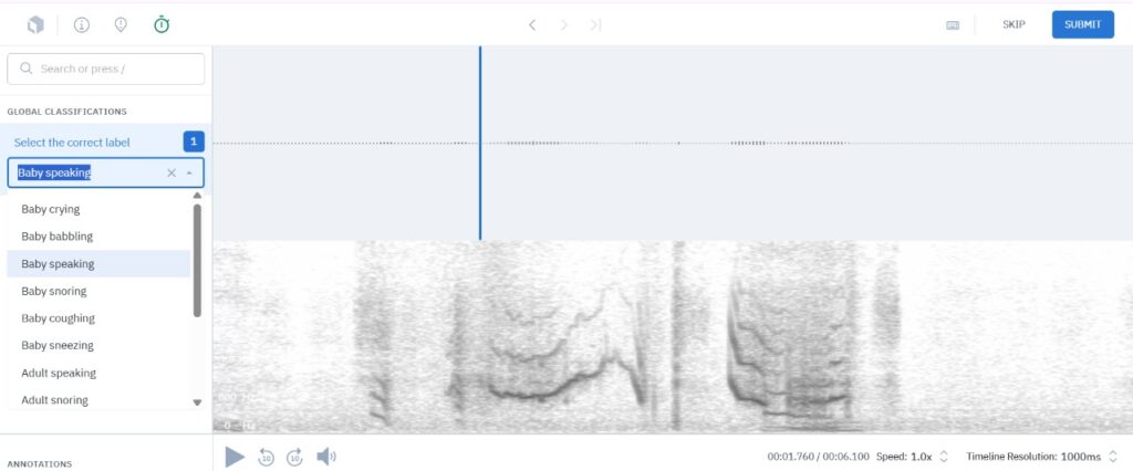 Screenshot of the Labelbox annotation interface showing an audio labeling task for AI baby monitor development, with sound waveforms and labeled segments identifying different types of audio events.