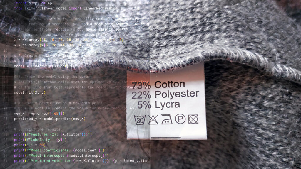 DeeLab, Data Annotation services. Close-up of fabric with a clothing tag reading “73% Cotton, 22% Polyester, 5% Lycra,” overlaid on the left with machine learning code, symbolizing the mix of natural and synthetic elements in both textiles and data.