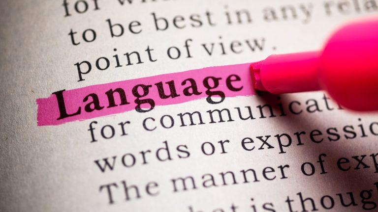 Language A close-up of a dictionary page with various words visible. The word 'Language' is highlighted with a colorful marker, representing the process of text labeling in data annotation for machine learning systems