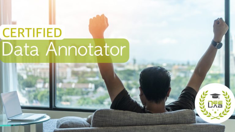 Certified Data Annotator – achievement provided by DeeLab Academy A man sits in a high-rise apartment with his laptop on the table, raising his hands in celebration as he looks out over the city — symbolizing the achievement of becoming a Certified Data Annotator from DeeLab Academy.